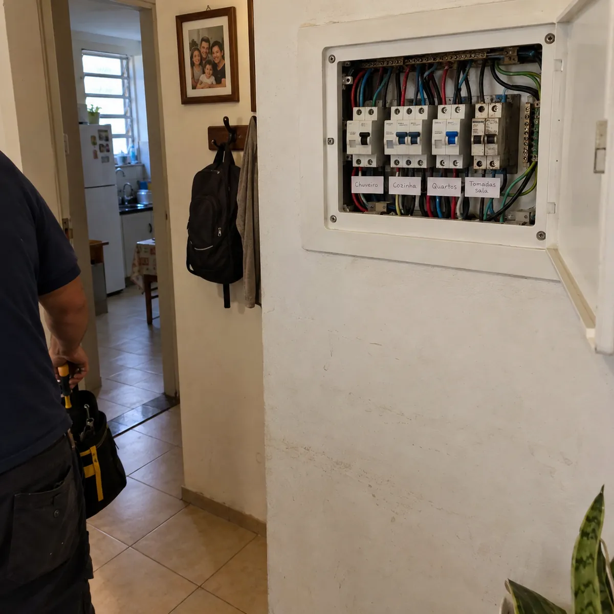 Quadro de disjuntores aberto no corredor de um apartamento antigo, com etiquetas de papel embaixo de cada disjuntor, enquanto o eletricista guarda as ferramentas no canto da foto