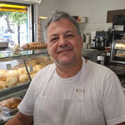 Carlos, dono de padaria, de avental branco atrás do balcão com pães e salgados na vitrine