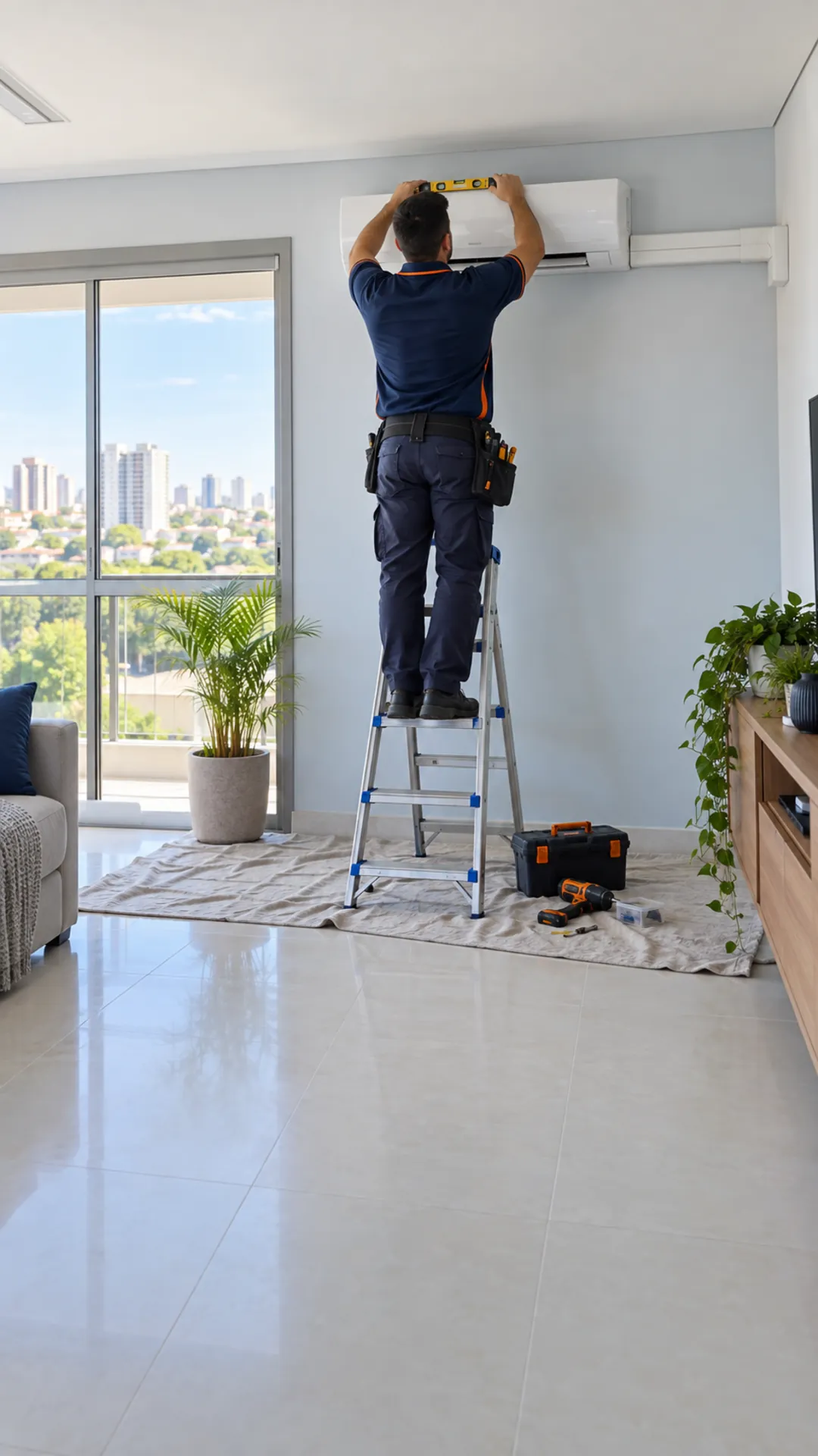 Técnico de uniforme azul em uma escada nivelando a unidade interna de um ar-condicionado split na parede de uma sala clara, com lona protegendo o piso e ferramentas ao lado.
