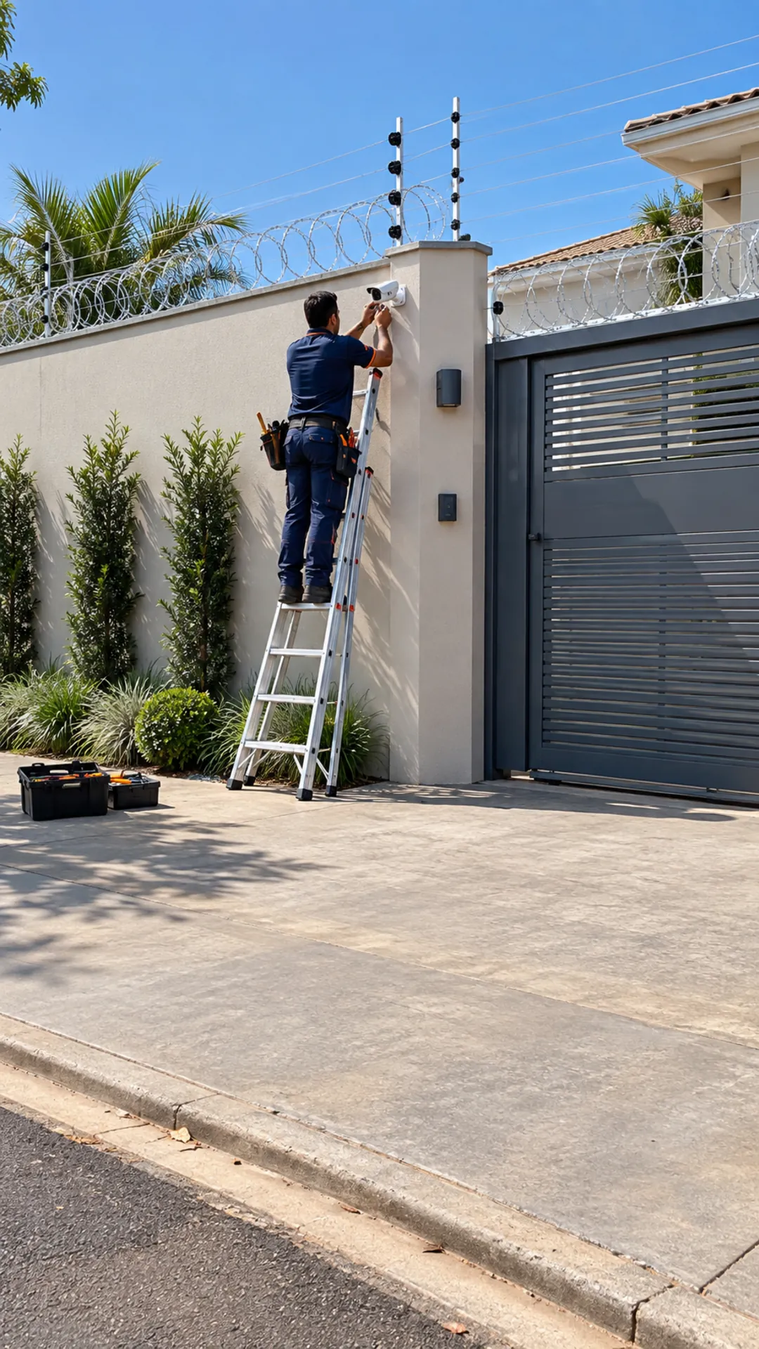 Técnico de uniforme azul em uma escada instalando uma câmera de segurança no alto do muro de uma casa, com concertina e cerca elétrica sobre o muro e portão de garagem ao lado, em dia de sol.