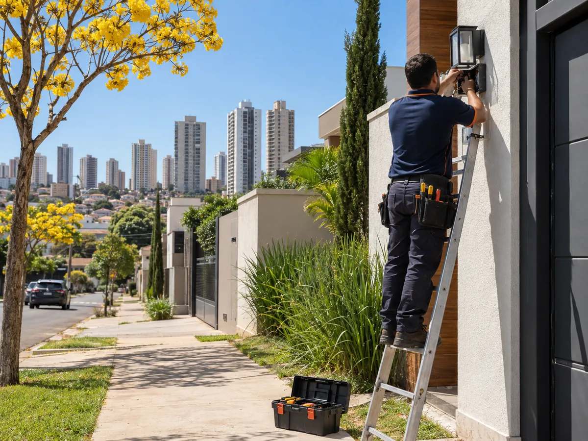 Eletricista de uniforme azul, de costas, em uma escada ajustando a luminária no muro de uma casa, com um ipê amarelo florido e os prédios de São José do Rio Preto ao fundo