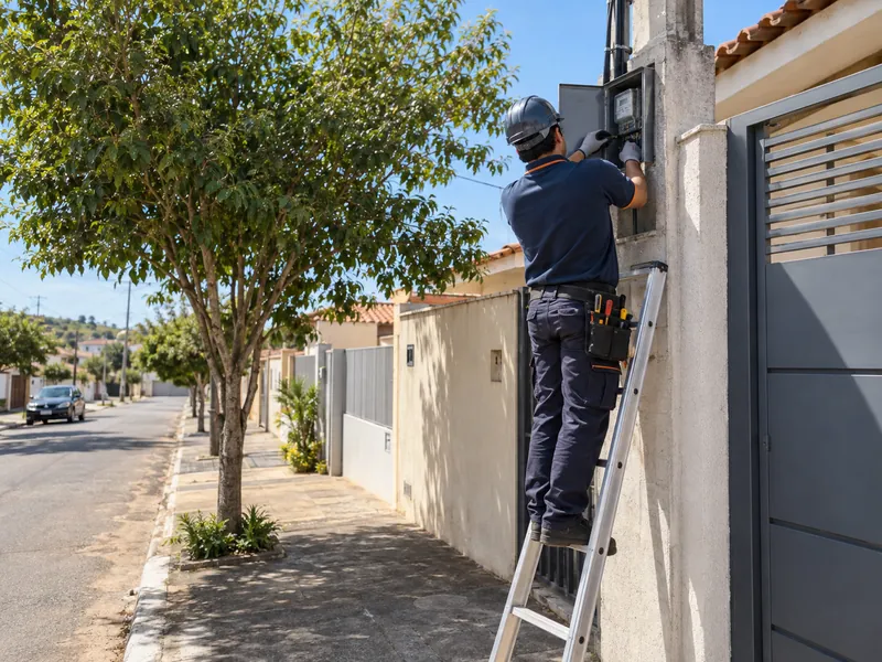Eletricista de uniforme azul, de costas, em uma escada mexendo no padrão de entrada de energia no muro de uma casa, em uma rua arborizada do interior