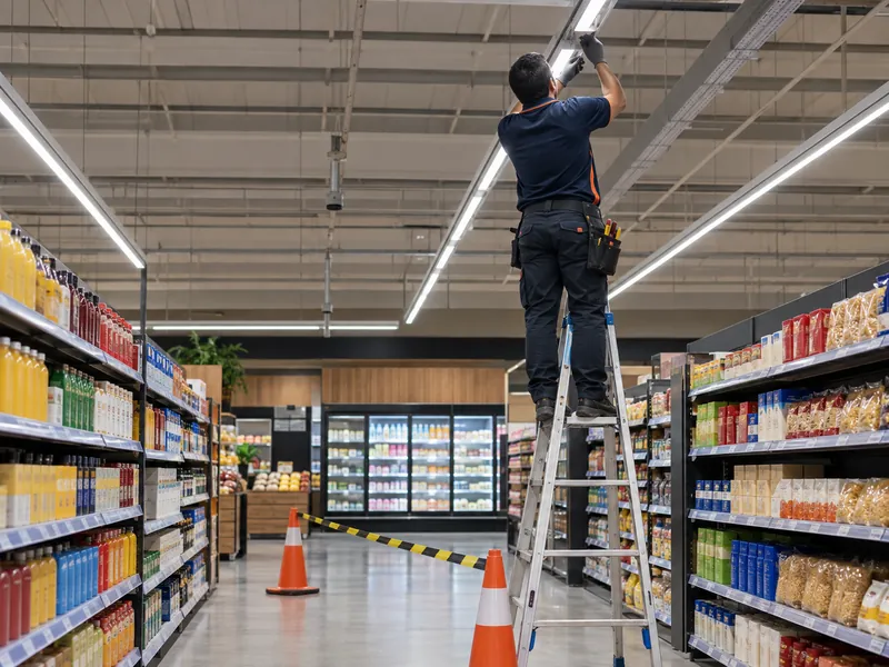 Técnico de uniforme azul em uma escada instalando iluminação de LED no teto do corredor de um supermercado, com cones isolando a área entre as prateleiras